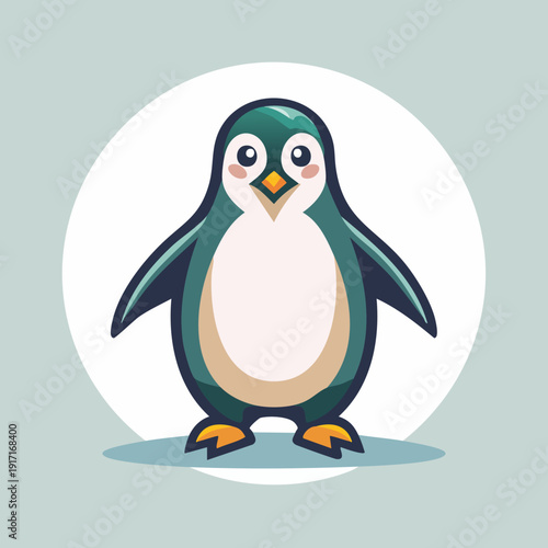 Cute Cartoon Penguin Illustration on White Circle Background.