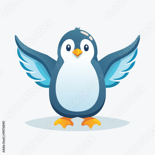 Cute Cartoon Penguin Spreading Wings on White Background.