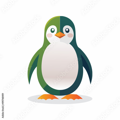 Cute Cartoon Penguin Standing on Ice with Green and Blue Feathers.
