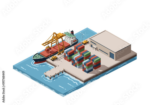Isometric illustration of cargo ship unloading containers at dockyard with crane and warehouse