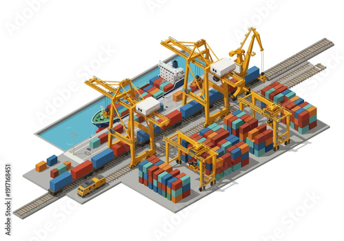 Industrial cranes loading cargo containers onto a large ship at a busy dockyard with rails and cranes