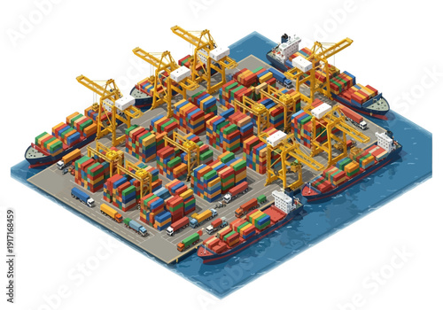 Aerial view of a busy shipping port with cranes loading containers onto vessels