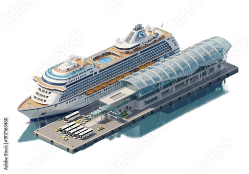 Isometric illustration of cruise ship docked at a modern terminal with passengers and vehicles
