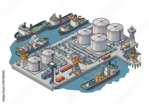 Industrial facility with storage tanks and vessels operating near a body of water with various vessels and equipment