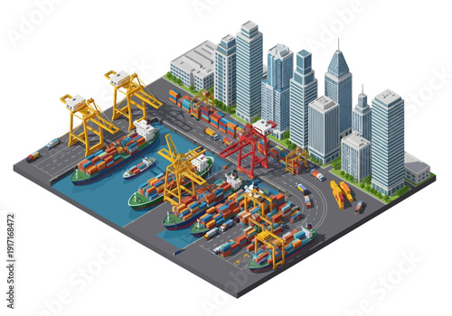 Isometric illustration of industrial harbor with cranes, ships, buildings, and cityscape from aerial viewpoint