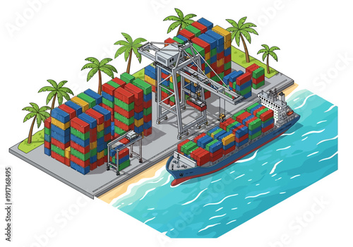 Isometric illustration of cargo ship loading containers at a tropical port with cranes and palm trees