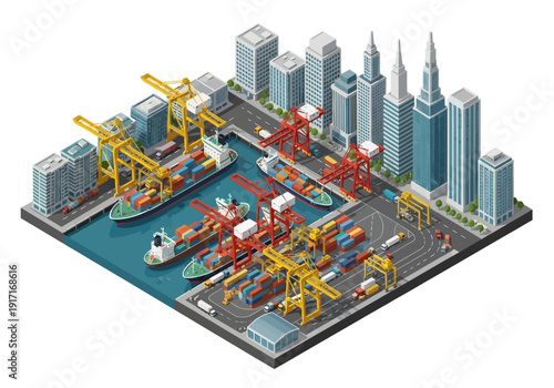 Isometric illustration of a bustling industrial port with cranes, ships, and cityscape