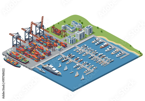 Aerial view of a bustling industrial harbor with cranes, cargo ships, and boats in a vibrant waterfront environment