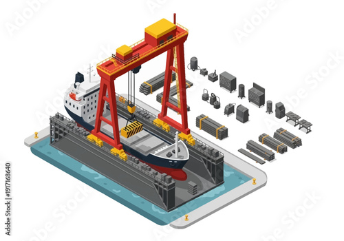 Industrial cargo ship loading containers at dockside with gantry crane from isometric perspective