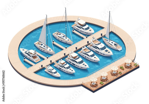 Isometric illustration of luxury yachts docked at a marina viewed from above with a serene atmosphere
