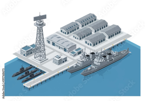 Isometric illustration of naval base with ships and oil rig on water