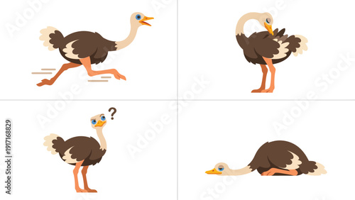 Ostrich Cartoon Character Poses Collection: Running, Grooming, Confused, Resting. Flat Vector Design on White Background