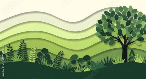 International Day of Forests Layered Green Landscape With Lush Vegetation And Silhouetted Tree Under A Wavy Sky
