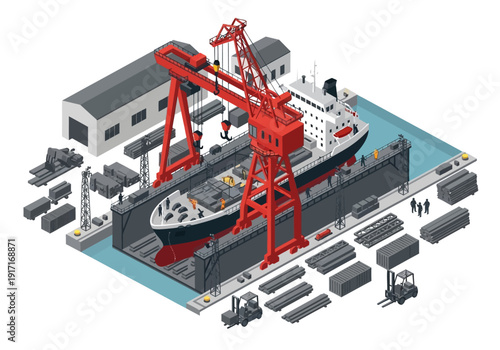 Industrial Facility with Crane and Cargo Ship in Isometric View