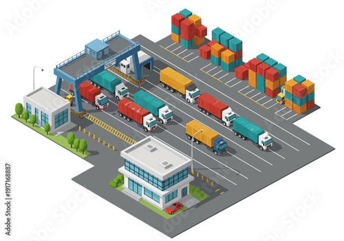 Logistics Hub with Trucks and Containers at Distribution Center, Aerial View