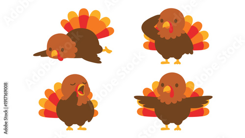 Cute Cartoon Turkey Character Set: Various Poses & Expressions for Holiday & Autumn Designs