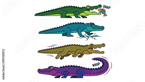 Cartoon Alligator & Crocodile Character Set with Dynamic Poses and Actions: Snapping, Running, Stomping, Tail Whip
