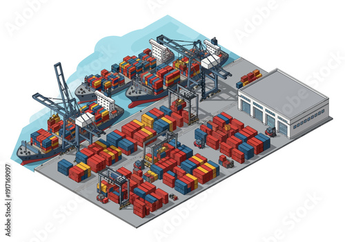 Isometric View of Industrial Shipping Yard with Containers and Cranes
