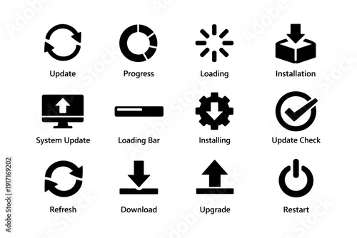 Set of black update and installation icons for software interface design