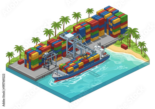 Cargo ship docked at a tropical island container terminal with cranes and stacked containers viewed from an aerial perspective