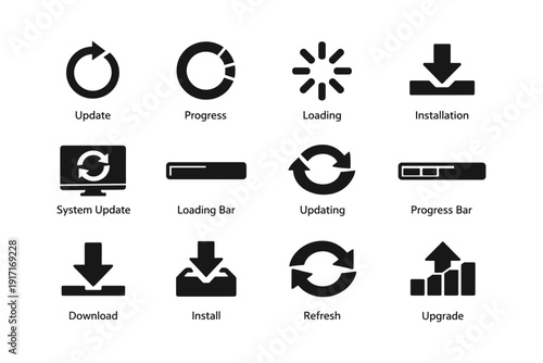 Set of software update and download icons for user interface