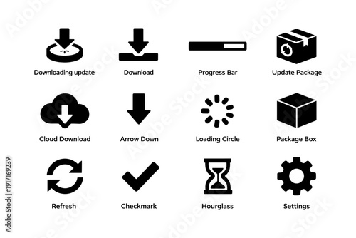 Set of technology icons: download, update, progress, loading, refresh, and settings