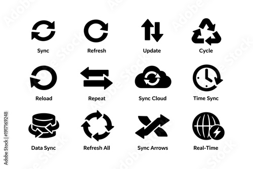 Sync and update icons set: arrows, cloud, clock, recycling symbols
