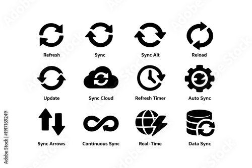 Set of black sync icons: refresh, update, cloud, arrows, real-time, data