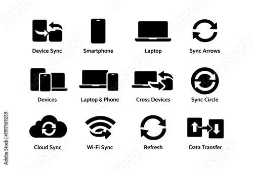 Device sync icons: smartphone, laptop, arrows, cloud, wi-fi, data transfer