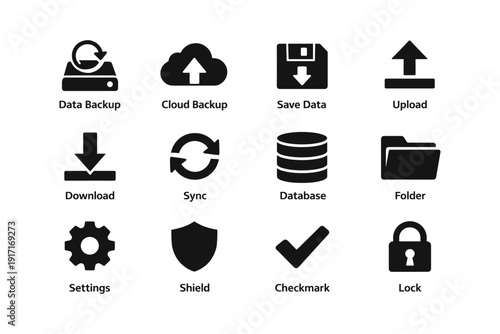Data backup icons: cloud, disk, save, upload, download, sync, settings, security symbols