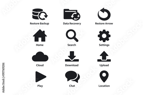 Set of computer and internet icons for recovery, storage, and communication