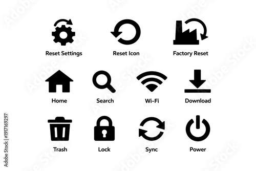 Black icon set for reset, factory, download, sync, and more functions