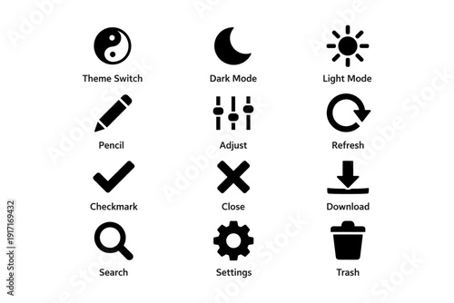Dark and light mode icons for adjust, download, settings, and more