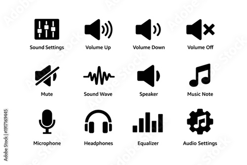 Audio icons set: volume sound music note microphone headphones equalizer