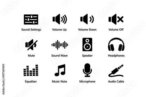 Audio icon set: speaker, headphones, microphone, volume controls, music note