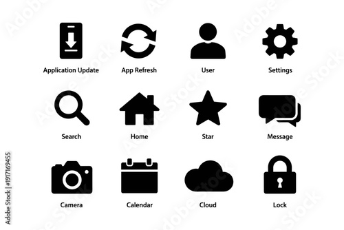 Set of black icons for app interface: update, user, settings, search, camera, lock