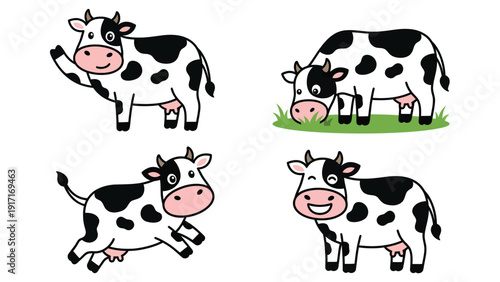 Cute Cartoon Cow Characters Set: Happy, Waving, Grazing, and Running Farm Animals