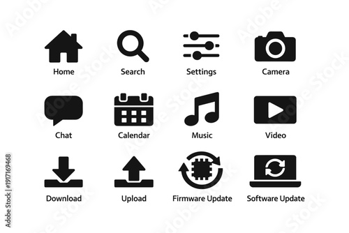 Black icon set for home, search, settings, camera, chat, calendar, music, video, download, upload, firmware, software
