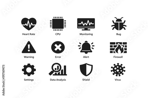Technology and security icon set: heart rate, cpu, monitoring, bug, warning, error, alert, firewall