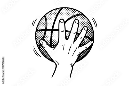 Hand gripping basketball in vintage black and white illustration