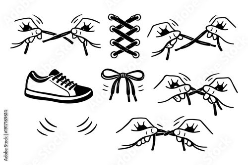 Step-by-step shoe lacing and knot tying instructions illustrated