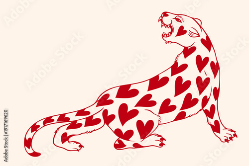 Romantic Leopard Silhouette Decorated with Heart Shapes for Valentine’s Day Wild Love February 14