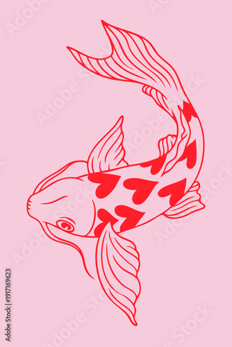 Valentine Koi Fish Silhouette with Heart Pattern Romantic Animal Illustration for February 14 Love Theme