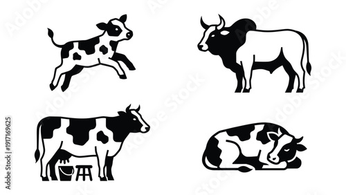 Black & White Cattle Vector Icons Set: Calf, Bull, Dairy Cow, and Resting Cow Illustrations
