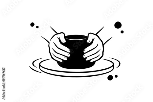 Hands crafting pottery on wheel with clay art design elements