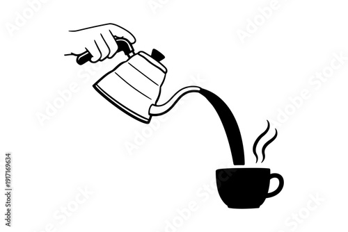 Hand pouring coffee from kettle into mug silhouette