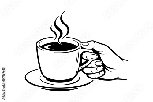 Hand holding a steaming cup of coffee illustration on white background