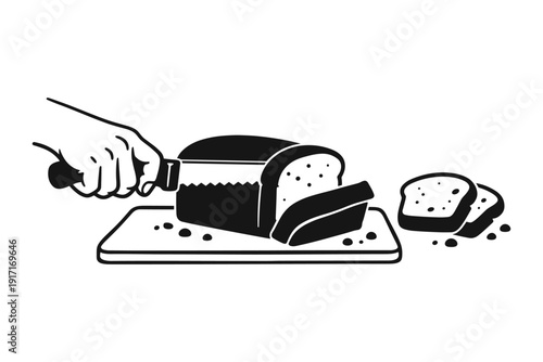 Hand slicing fresh bread loaf on cutting board illustration