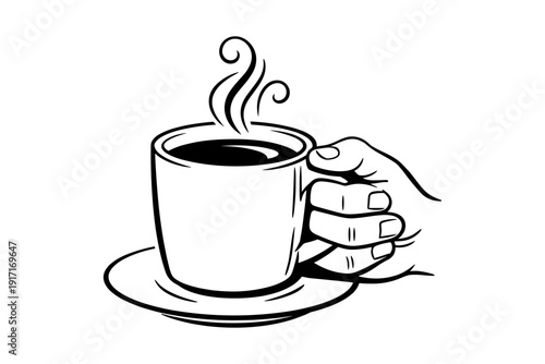 Hand holding a steaming coffee cup with saucer in minimalist style