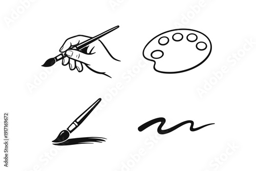 Artistic tools: hand with brush and palette sketch in black and white